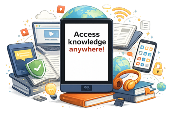E-reader with the text Access knowledge anywhere, surrounded by books, laptop, tablet, phone and learning icons