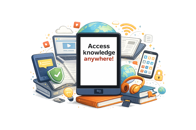 E-reader with the text Access knowledge anywhere, surrounded by books, laptop, tablet, phone and learning icons